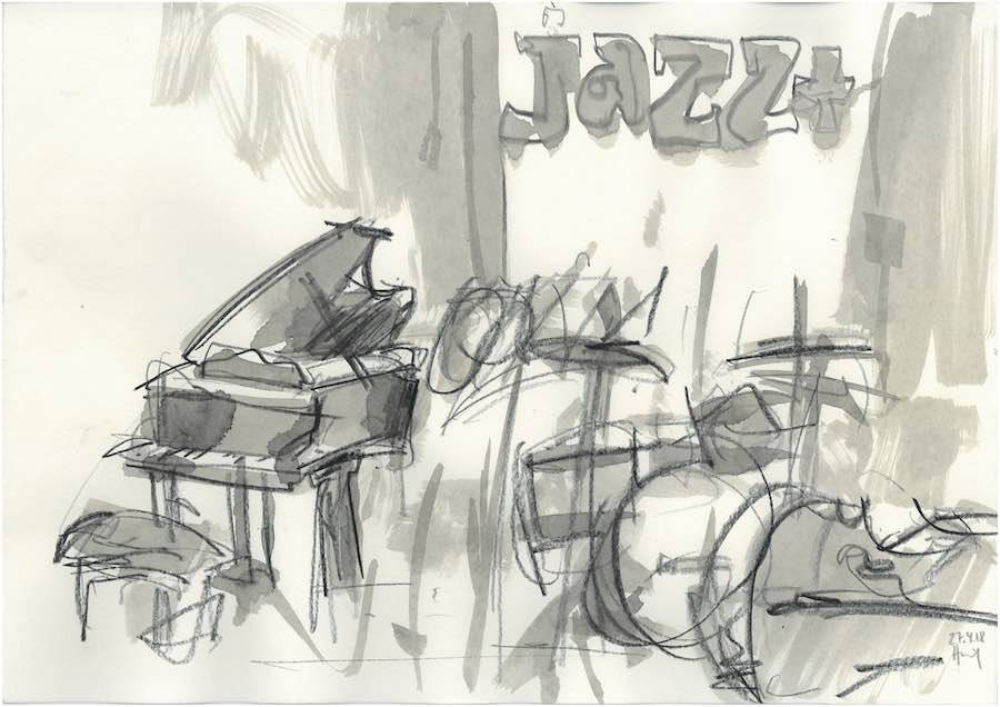 Jazz+ Konzertreihe auf der Burg. 27.4.2018 Matthias Schwegler Trio (Zeichnung A3 Heinrich Hüsch)